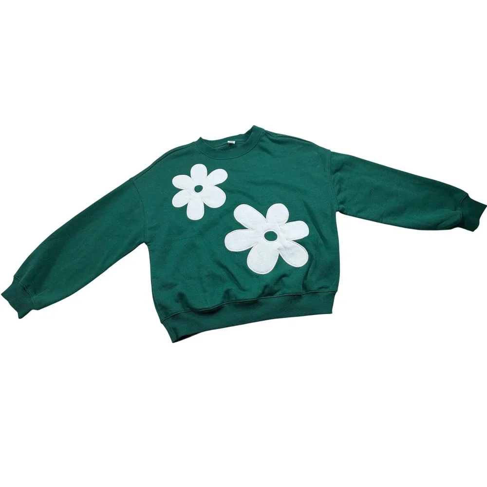 Old Navy Girls Green Floral Applique Fleece Sweatshirt Pullover Size L 10-12